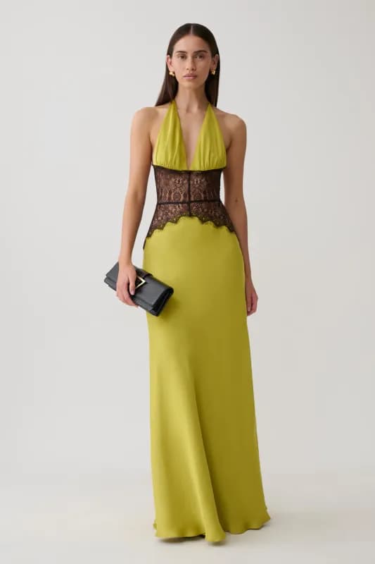 Dinah Lace And Satin Maxi Dress - Chartreuse