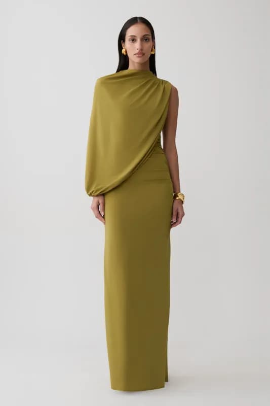 Yuri Gather Sleeve Maxi Dress - Martini Olive