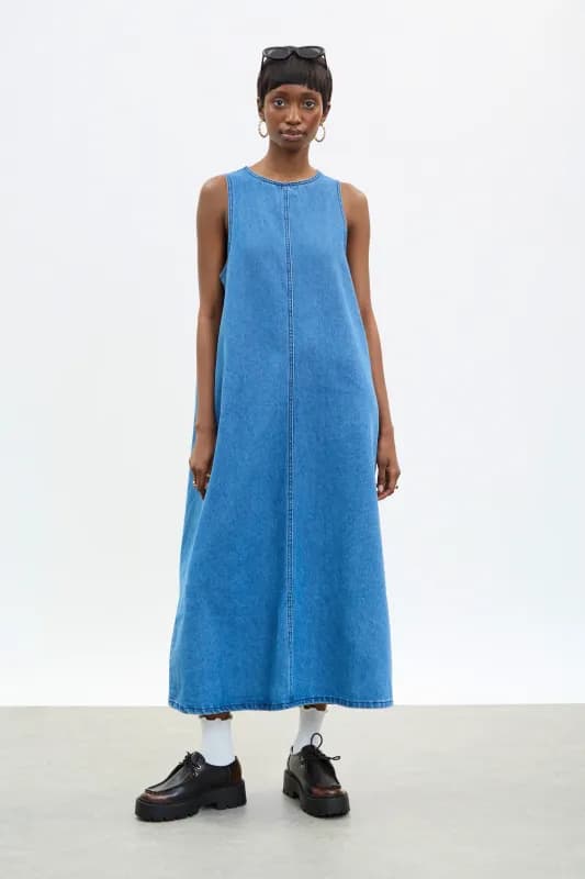Denim panelled flare midi dress